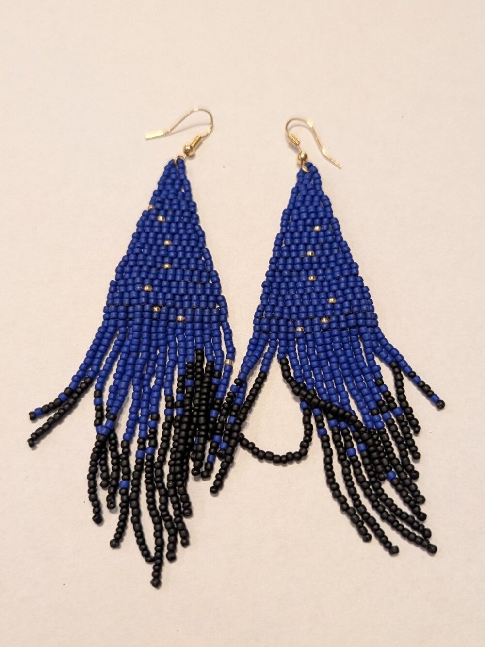 Black & Blue Beaded Boho Fringe Drop Earrings
